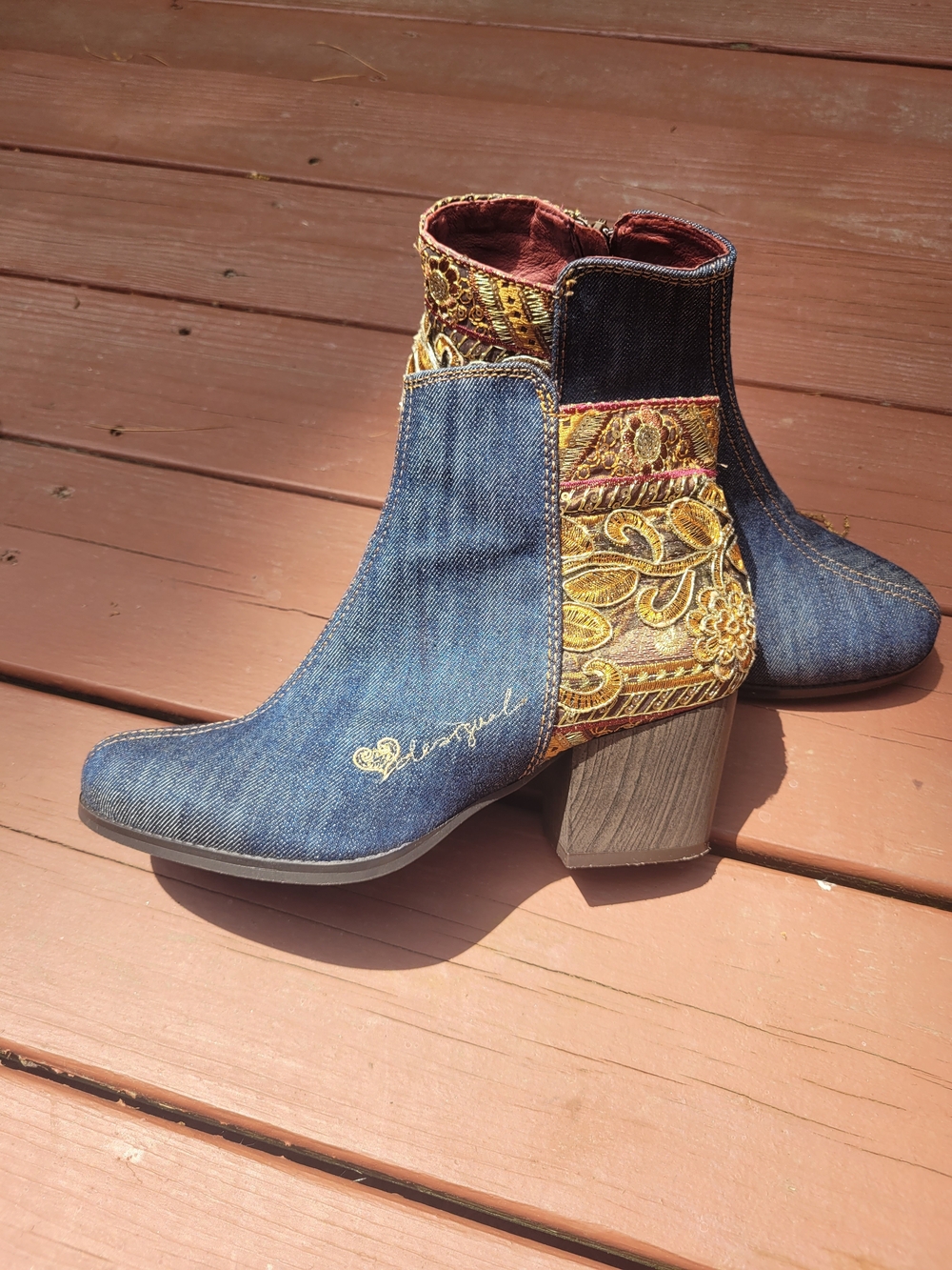 Desigual Blue Denim & Gold Embroidered Ankle Boots
